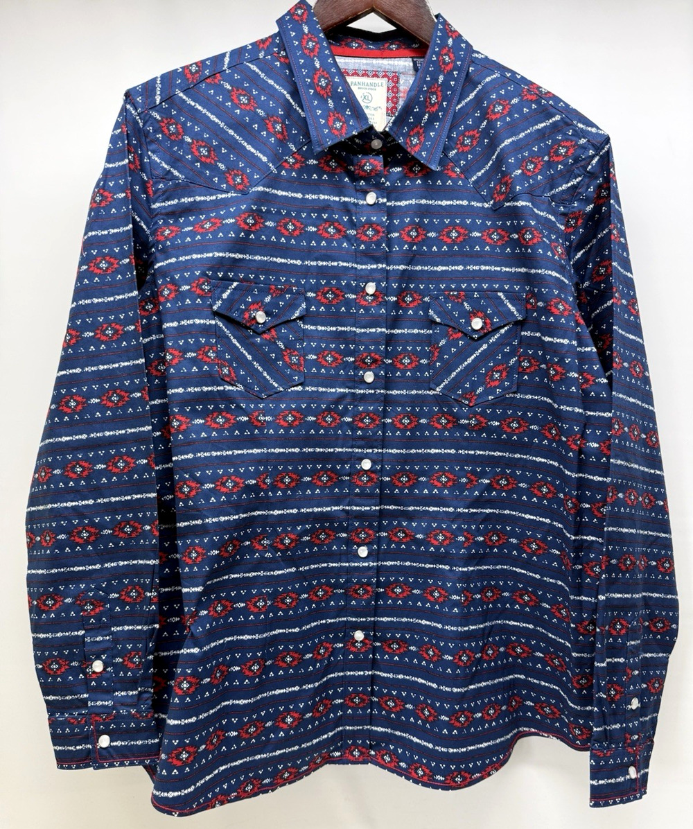 Rough Stock Panhandle Slim Womens XL Western Shirt Navy & Red Aztec Pearl Snap
